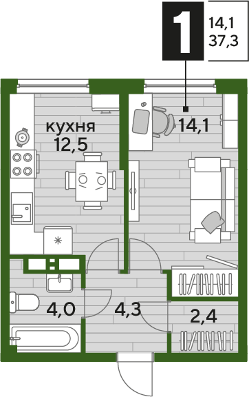 Планировка 1-комн. в ЖК «Догма Парк»
