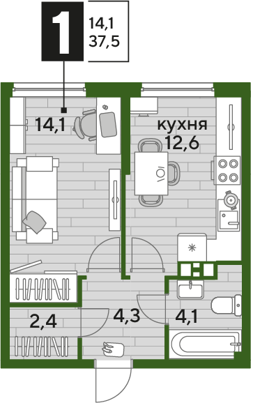 Планировка 1-комн. в ЖК «Догма Парк»