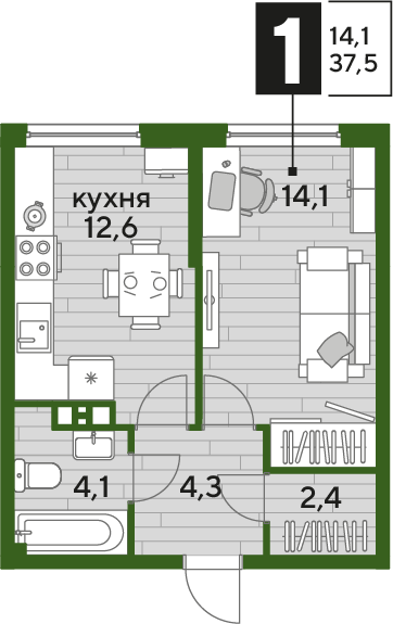Планировка 1-комн. в ЖК «Догма Парк»