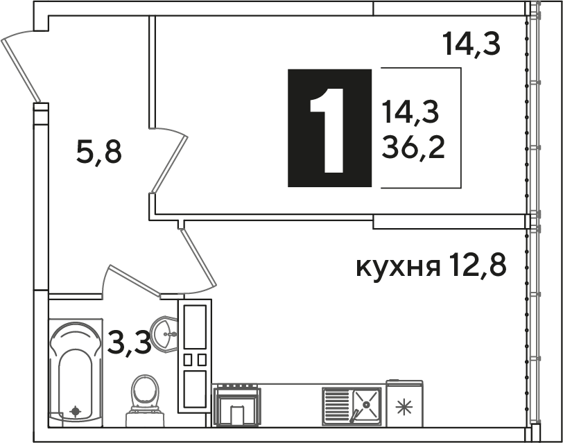 Планировка 1-комн. в ЖК «Самолет»