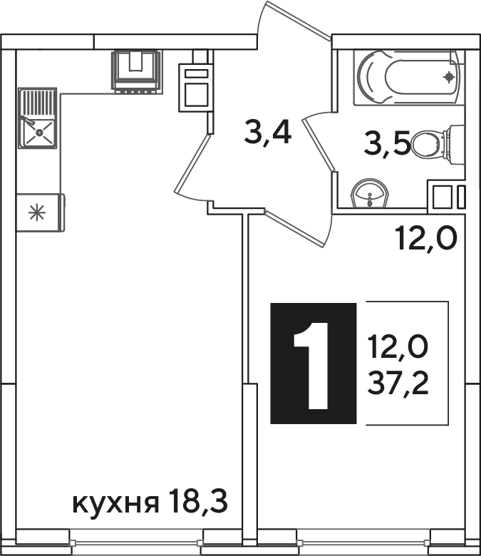 Планировка 1-комн. в ЖК «Самолет»