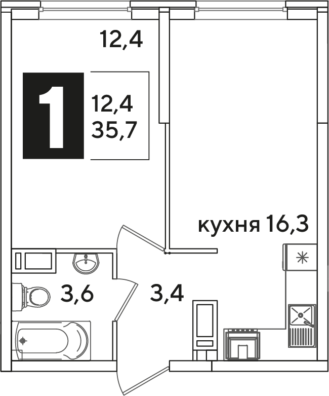 Планировка 1-комн. в ЖК «Самолет»