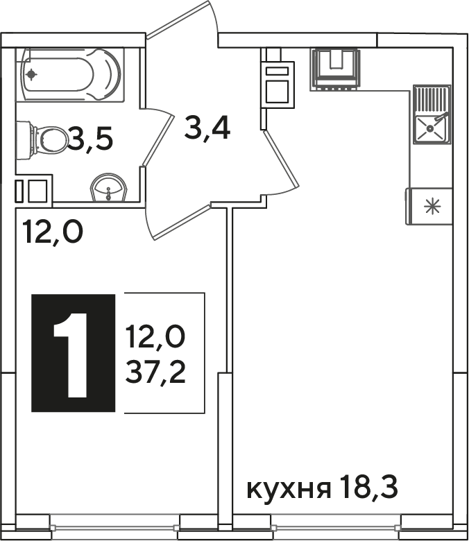 Планировка 1-комн. в ЖК «Самолет»