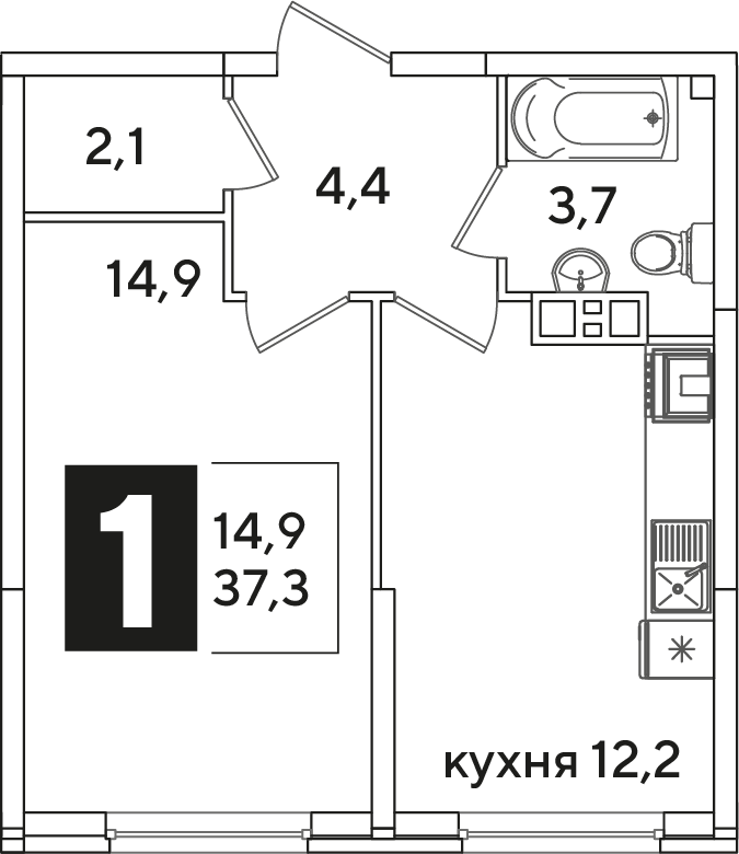 Планировка 1-комн. в ЖК «Самолет»