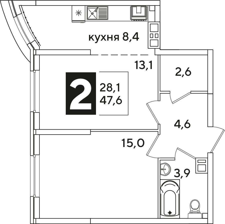 Планировка 2-комн. в ЖК «Самолет»