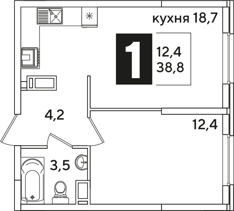 Планировка 1-комн. в ЖК «Самолет»