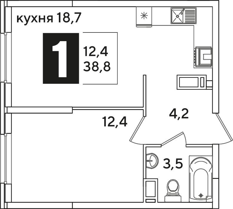 Планировка 1-комн. в ЖК «Самолет»