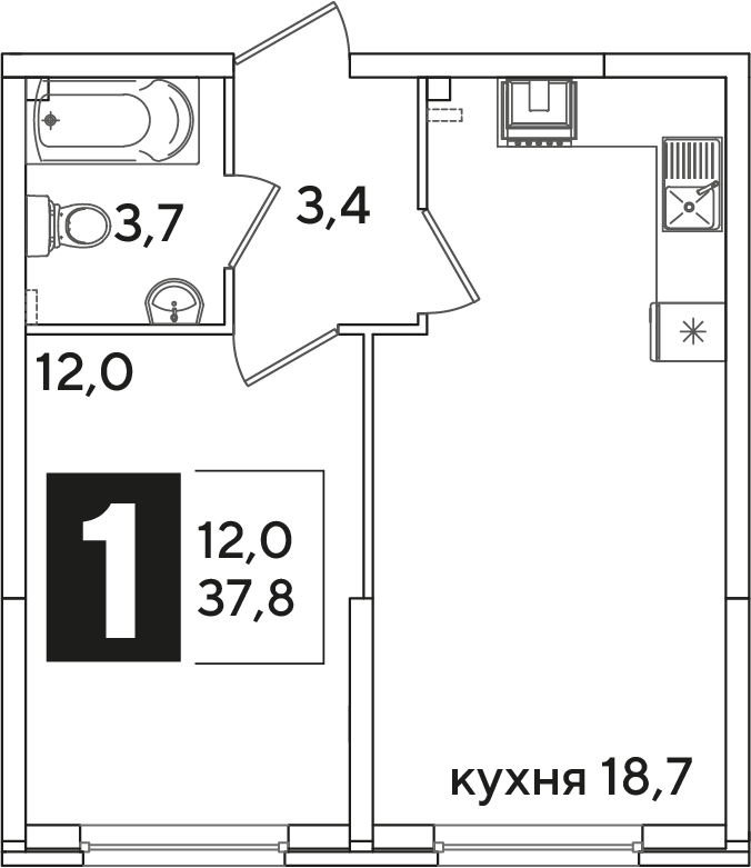 Планировка 1-комн. в ЖК «Самолет»