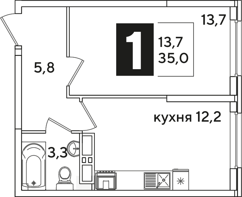 Планировка 1-комн. в ЖК «Самолет»
