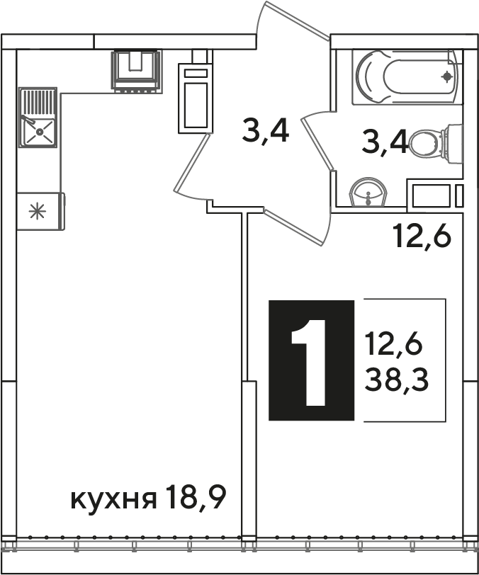 Планировка 1-комн. в ЖК «Самолет»