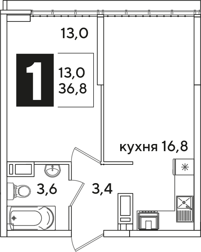 Планировка 1-комн. в ЖК «Самолет»