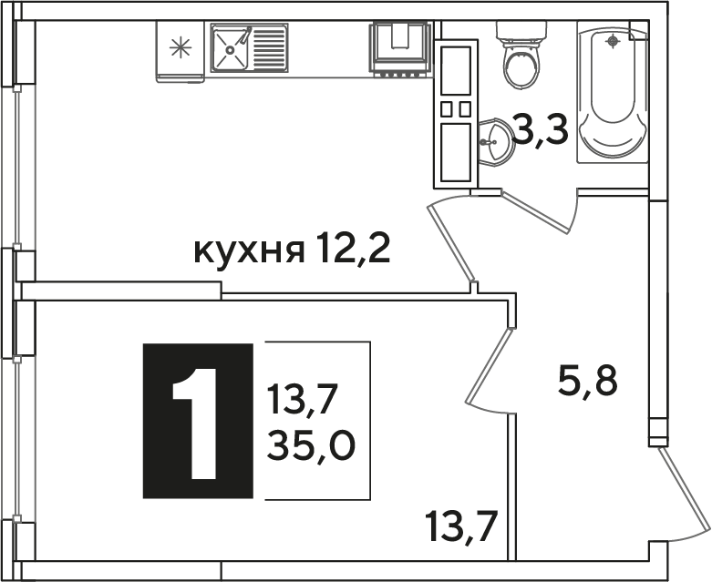 Планировка 1-комн. в ЖК «Самолет»