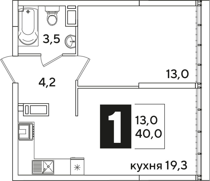 Планировка 1-комн. в ЖК «Самолет»