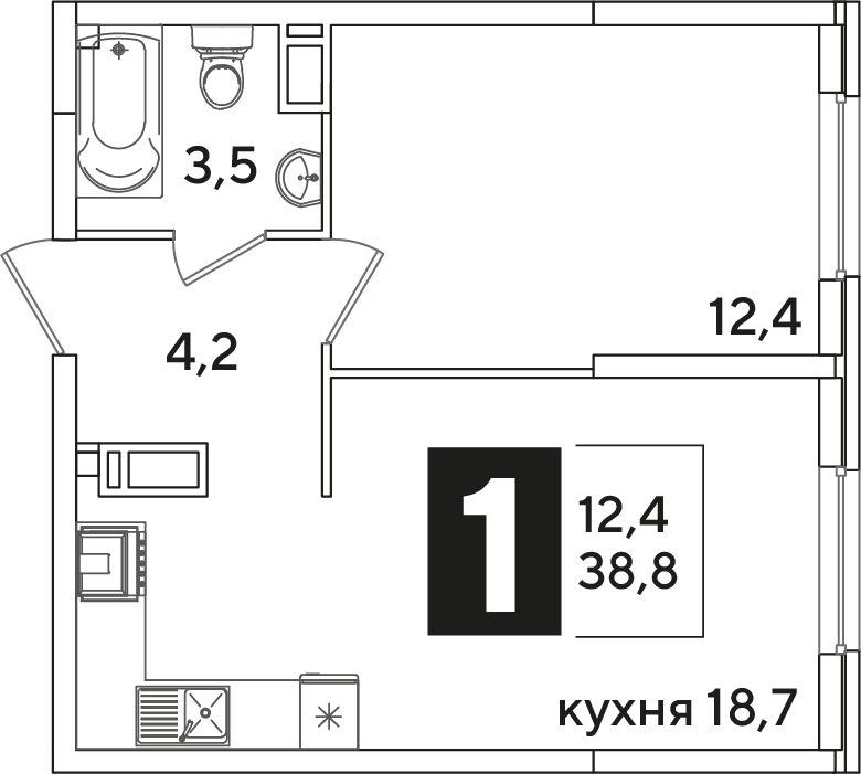Планировка 1-комн. в ЖК «Самолет»