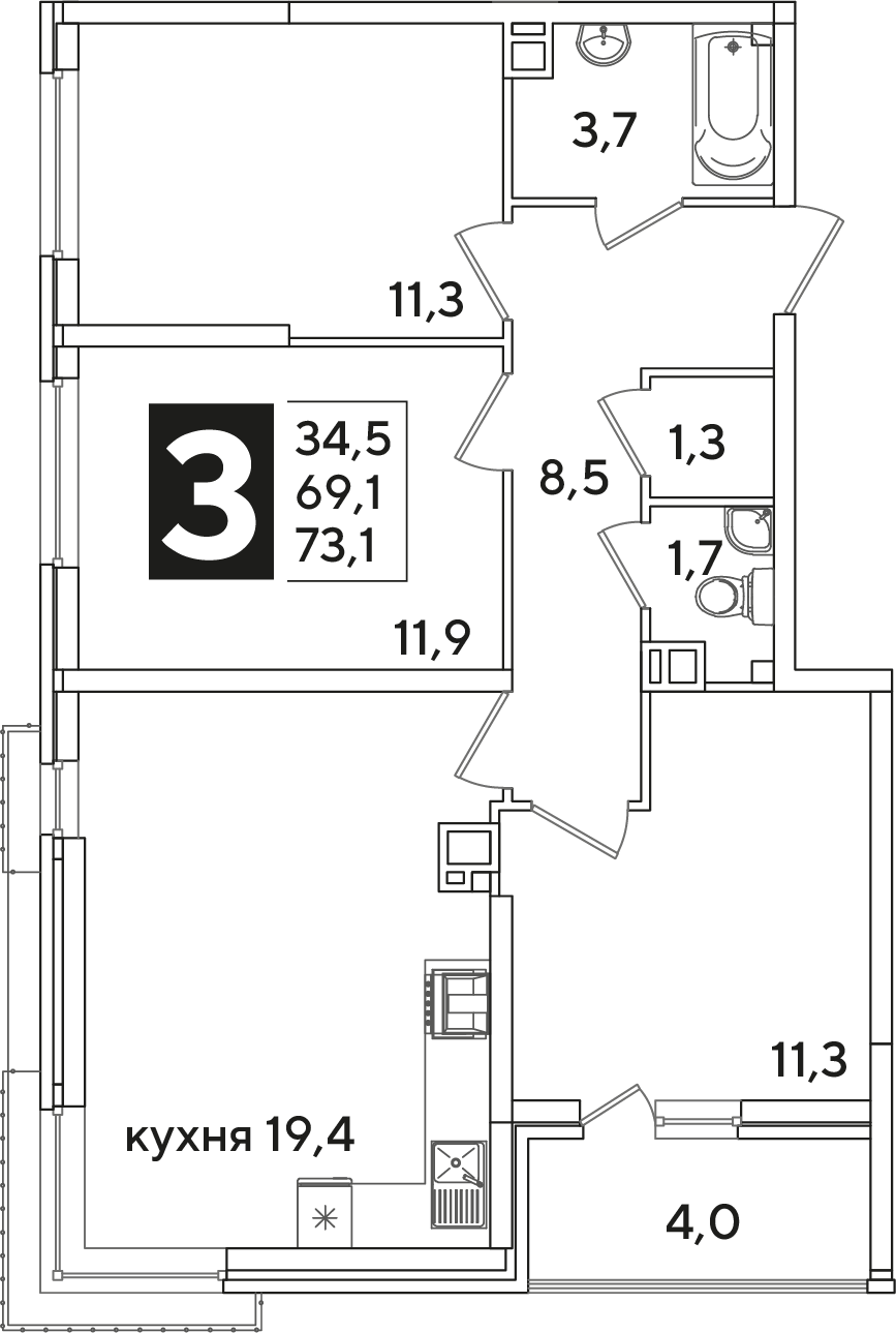 Планировка 3-комн. в ЖК «Самолет»