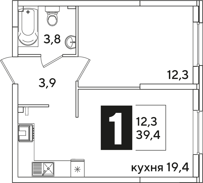 Планировка 1-комн. в ЖК «Самолет»