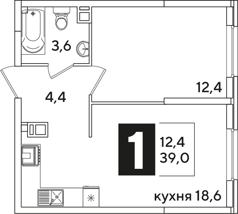 Планировка 1-комн. в ЖК «Самолет»