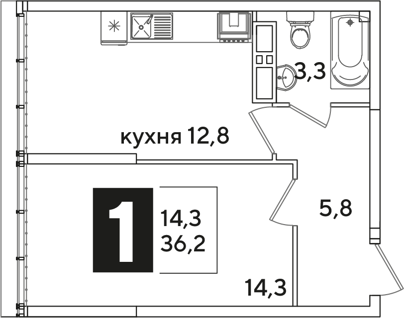 Планировка 1-комн. в ЖК «Самолет»