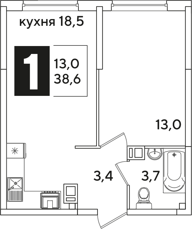 Планировка 1-комн. в ЖК «Самолет»