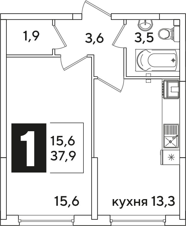 Планировка 1-комн. в ЖК «Самолет»