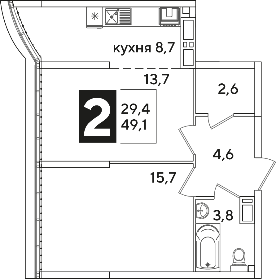 Планировка 2-комн. в ЖК «Самолет»