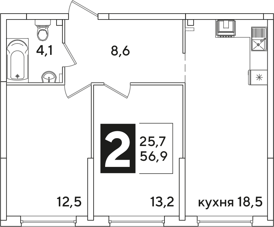 Планировка 2-комн. в ЖК «Самолет»
