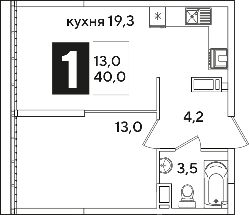 Планировка 1-комн. в ЖК «Самолет»