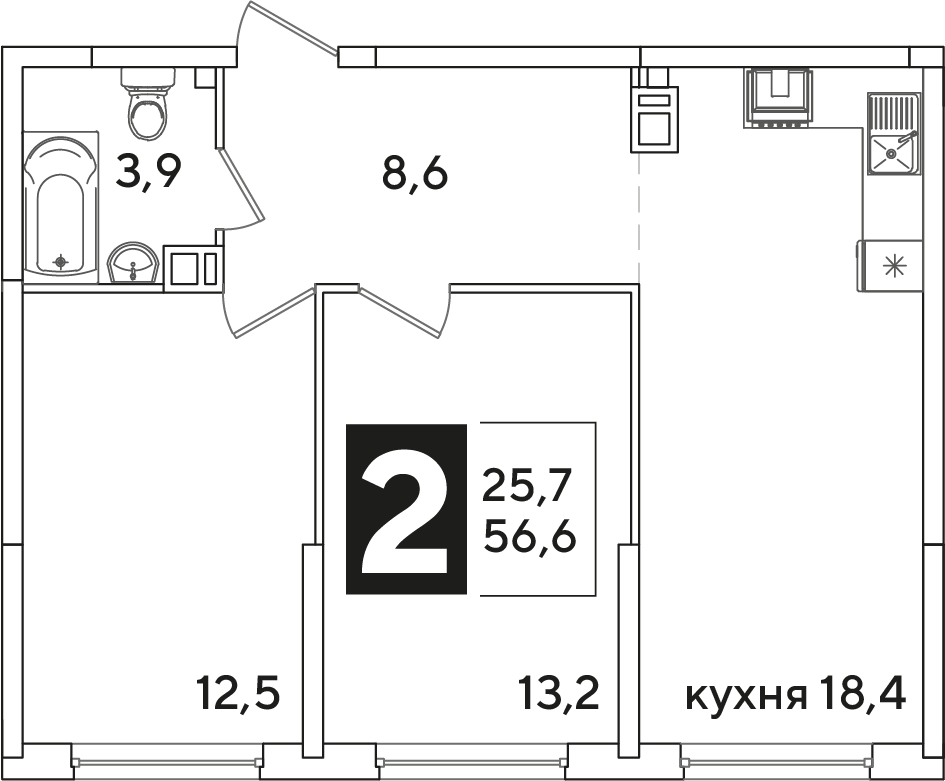 Планировка 2-комн. в ЖК «Самолет»