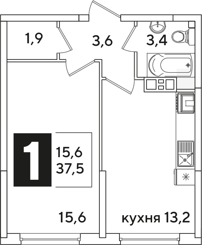 Планировка 1-комн. в ЖК «Самолет»