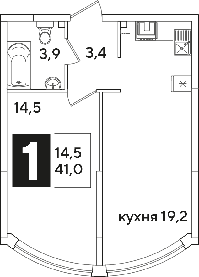 Планировка 1-комн. в ЖК «Самолет»