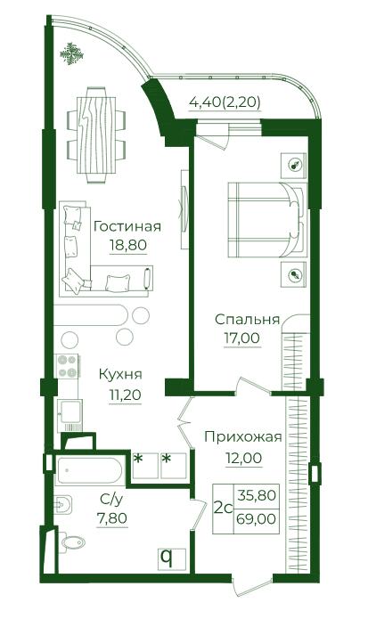 Планировка 2-комн. в ЖК «LIME city»