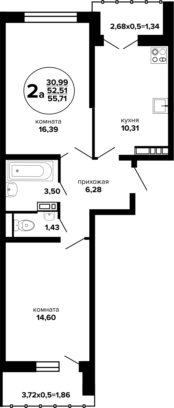 Планировка 2-комн. в ЖК «Гулливер»