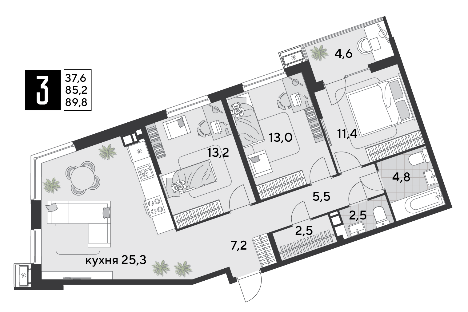 Планировка 3-комн. в ЖК «Парк Победы-2»
