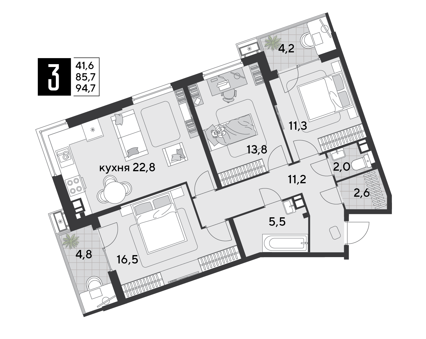 Планировка 3-комн. в ЖК «Парк Победы-2»
