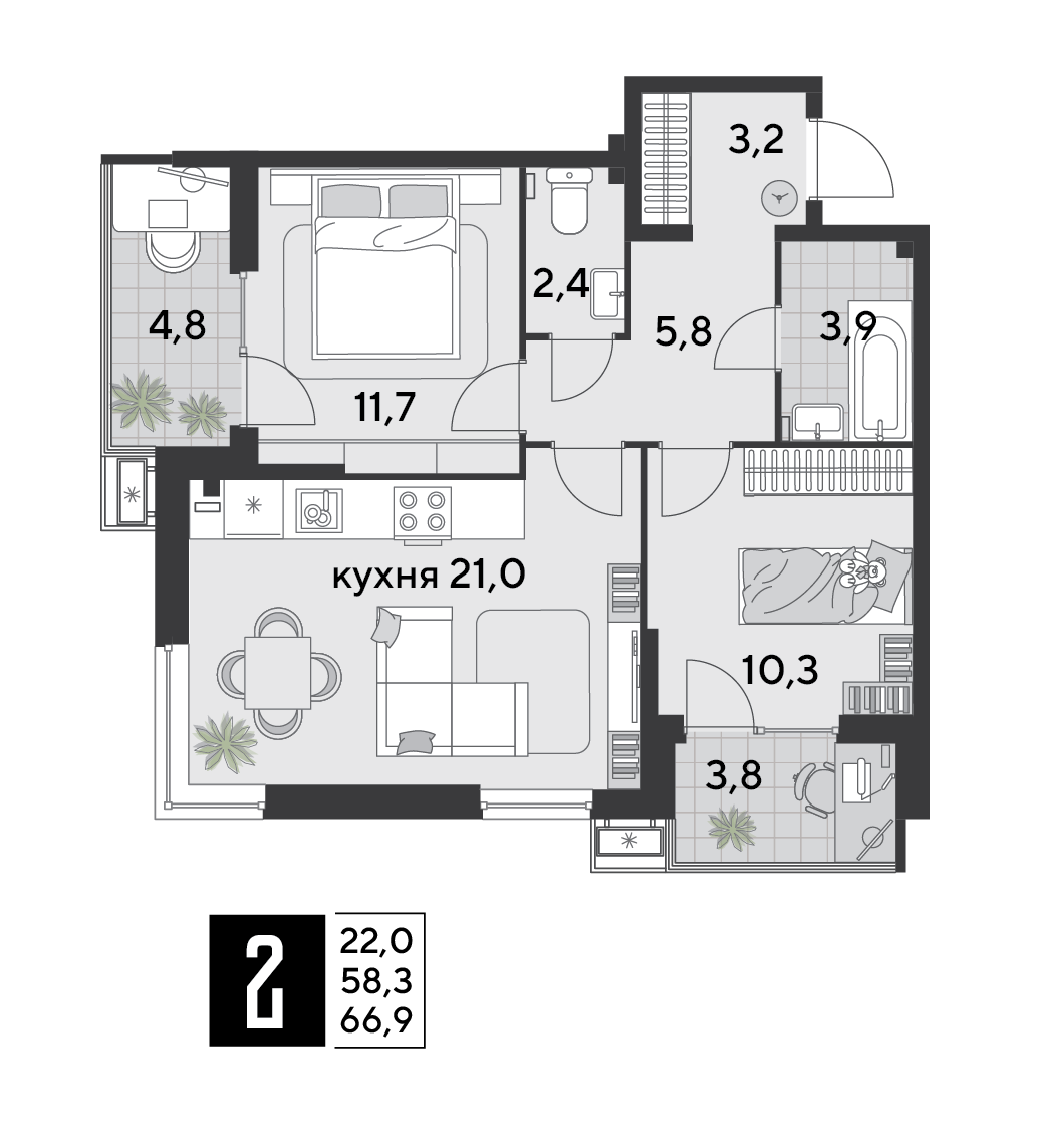 Планировка 2-комн. в ЖК «Парк Победы-2»