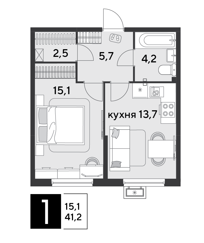Планировка 1-комн. в ЖК «Парк Победы-2»