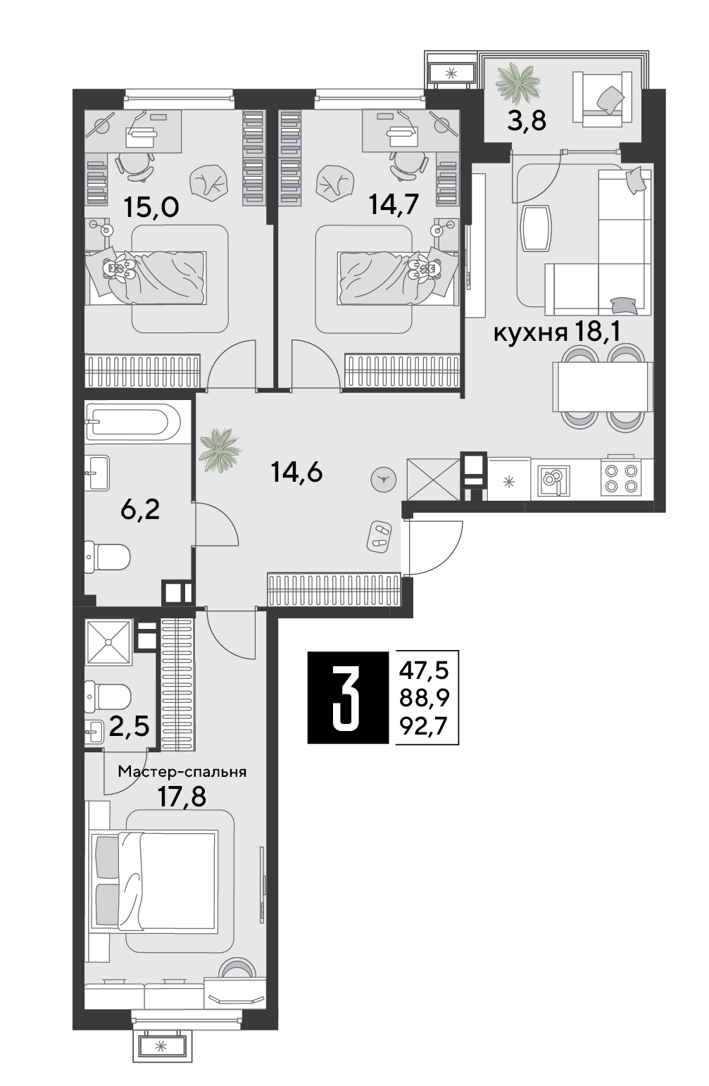 Планировка 3-комн. в ЖК «Парк Победы-2»