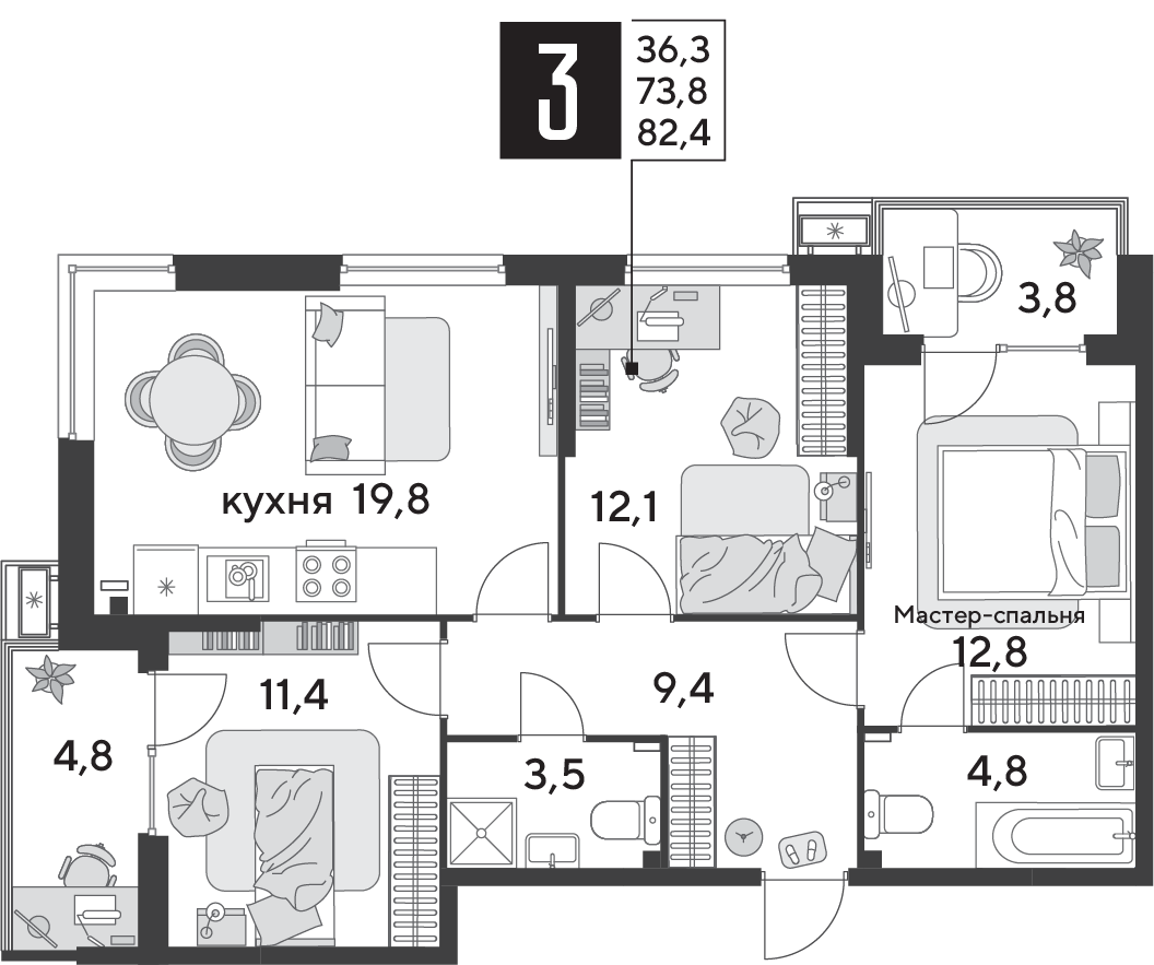 Планировка 3-комн. в ЖК «Парк Победы-2»