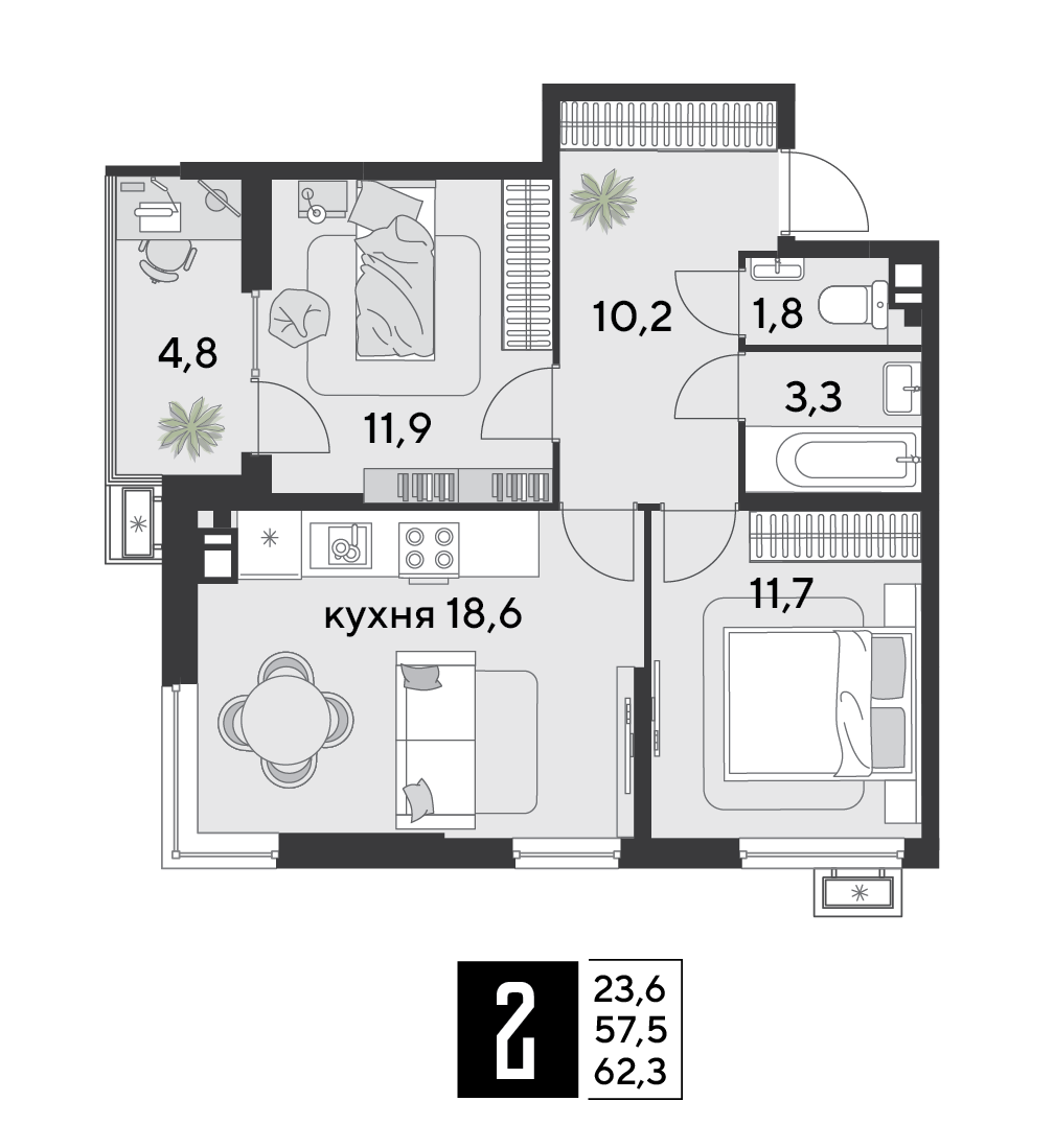 Планировка 2-комн. в ЖК «Парк Победы-2»