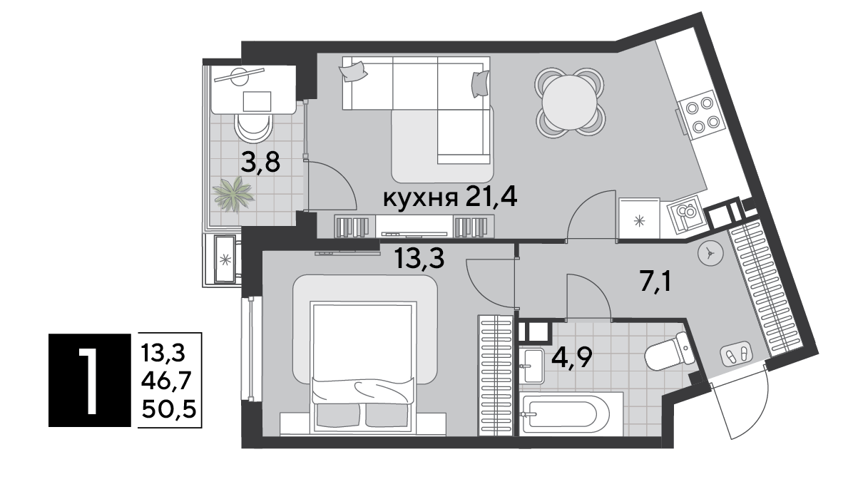 Планировка 1-комн. в ЖК «Парк Победы-2»