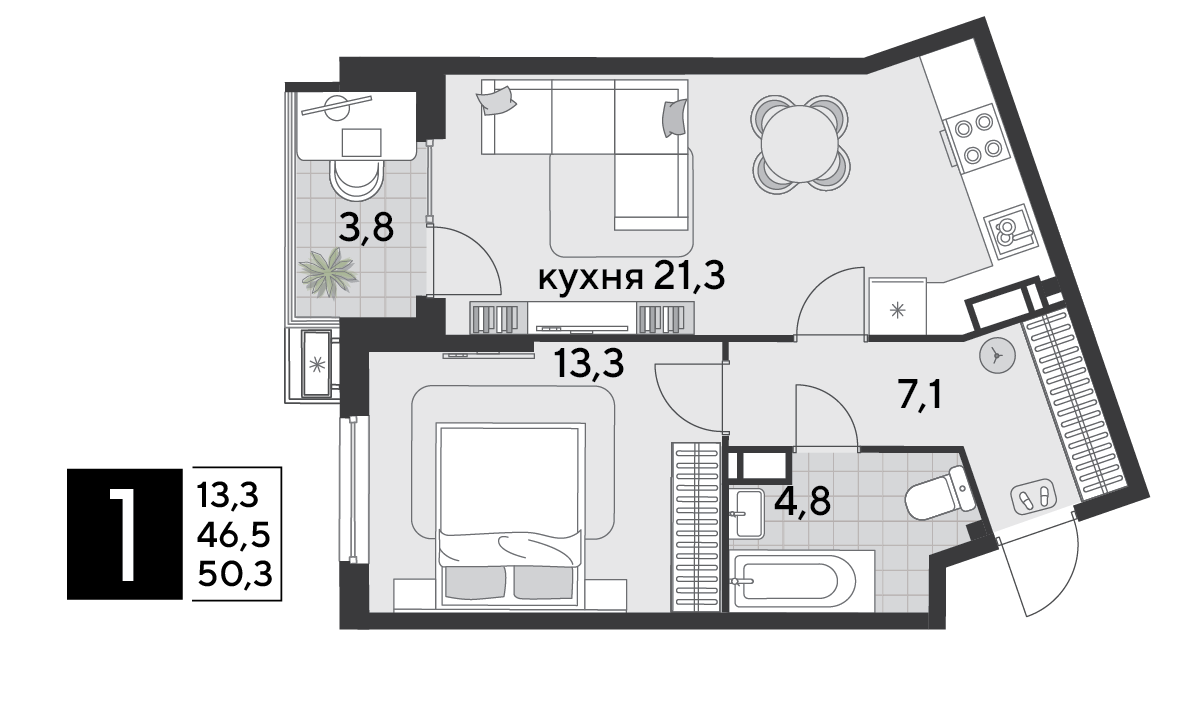 Планировка 1-комн. в ЖК «Парк Победы-2»