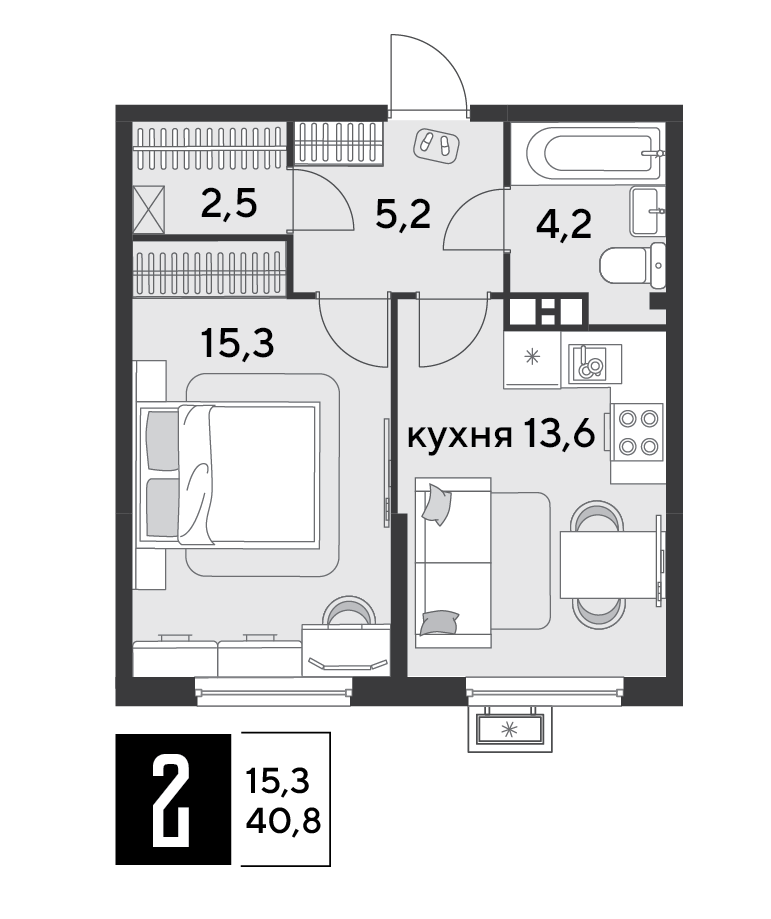 Планировка 1-комн. в ЖК «Парк Победы-2»