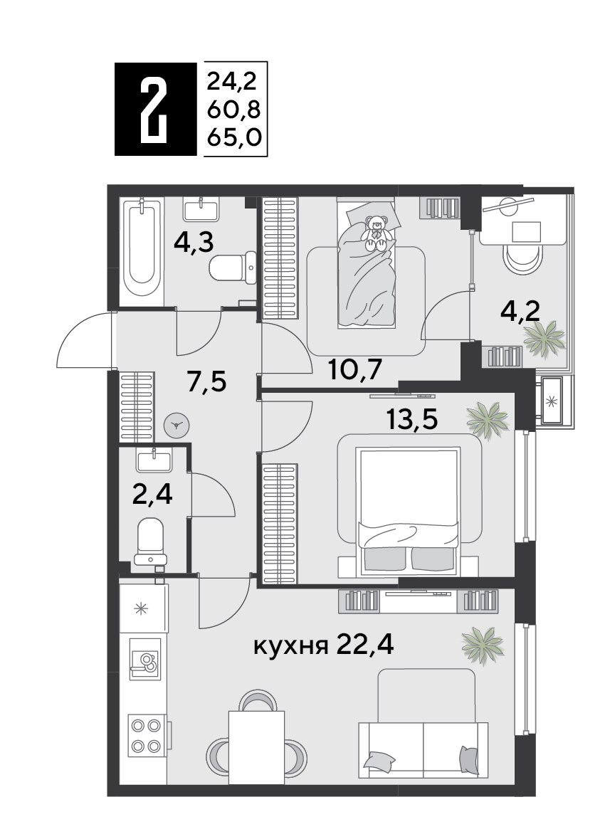 Планировка 2-комн. в ЖК «Парк Победы-2»