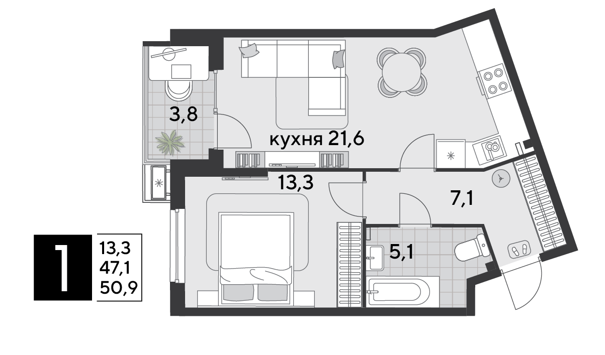 Планировка 1-комн. в ЖК «Парк Победы-2»