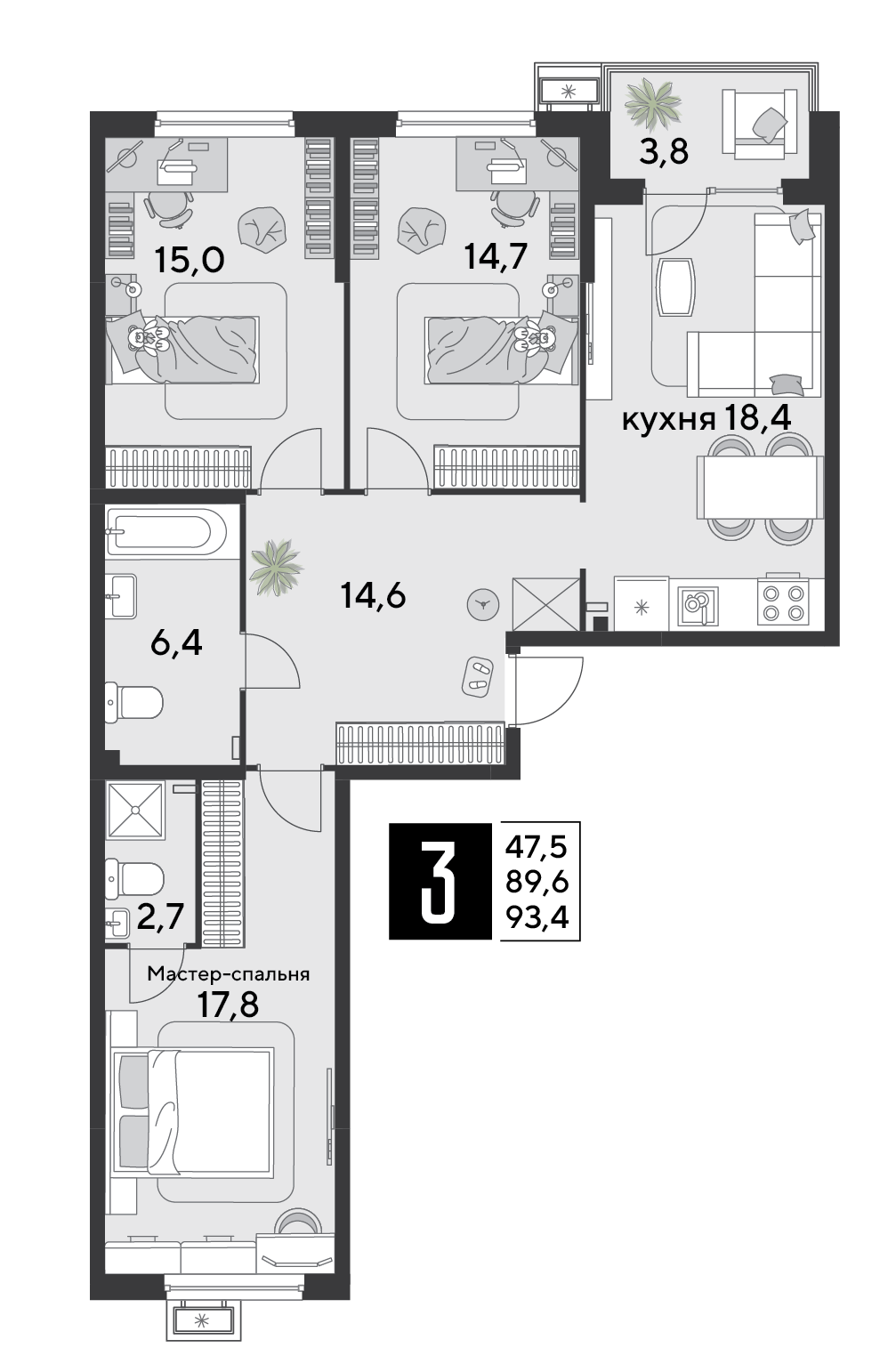 Планировка 3-комн. в ЖК «Парк Победы-2»