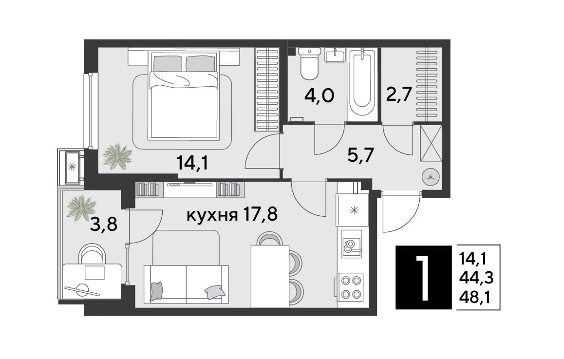 Планировка 1-комн. в ЖК «Парк Победы-2»