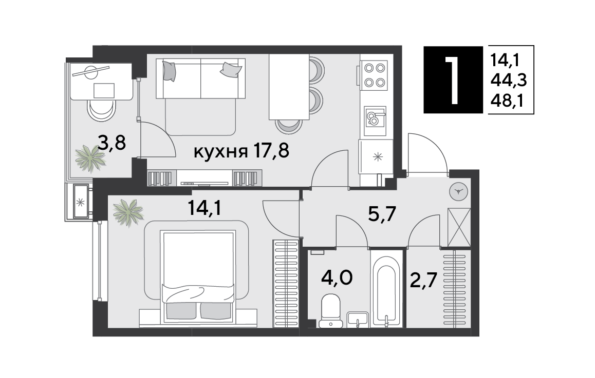 Планировка 1-комн. в ЖК «Парк Победы-2»