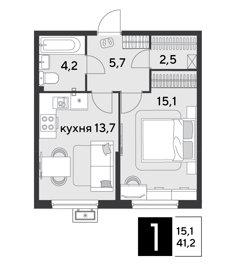 Планировка 1-комн. в ЖК «Парк Победы-2»