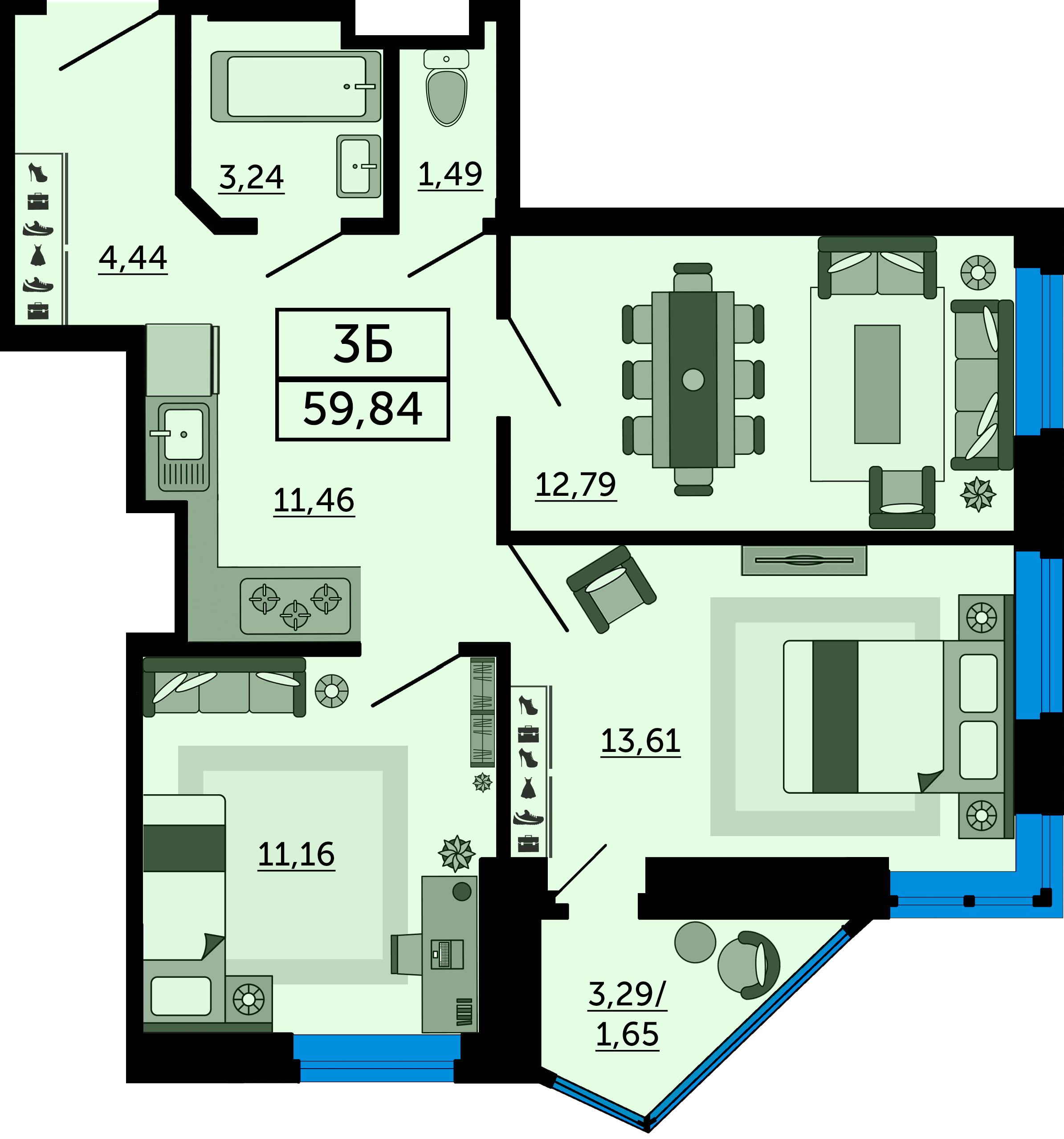 Планировка 3-комн. в ЖК «Royal Towers»