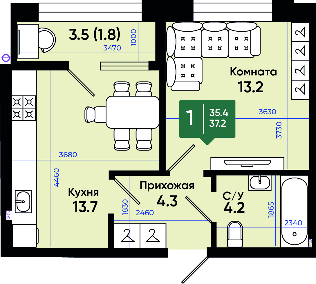 Планировка 1-комн. в ЖК «Солнечный город»